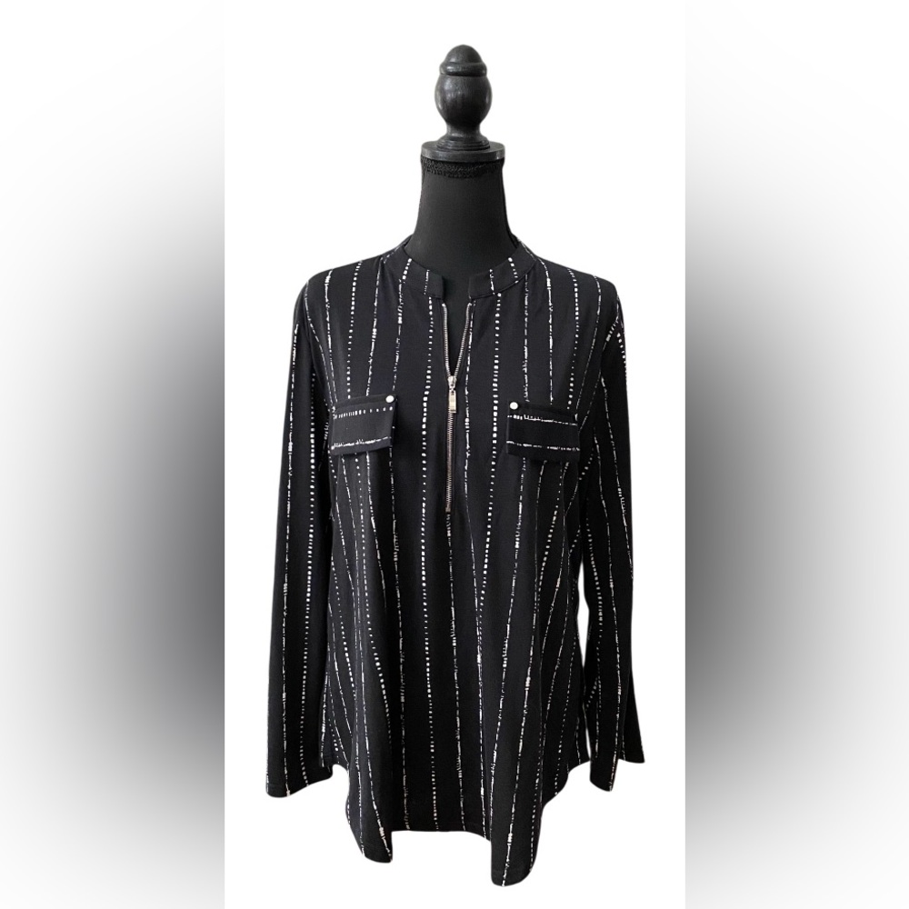 Bulotus: Black and White Quarter Zip Blouse with Roll Tab Sleeves